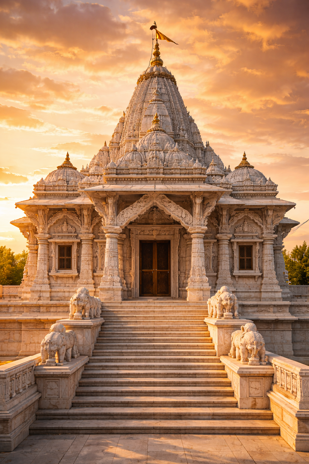 White marble Jain temple at golden sunset, warm orange light casting beautiful shadows in carved marble details, dramatic golden sky behind the temple shikhara spire -- HD architectural wallpaper